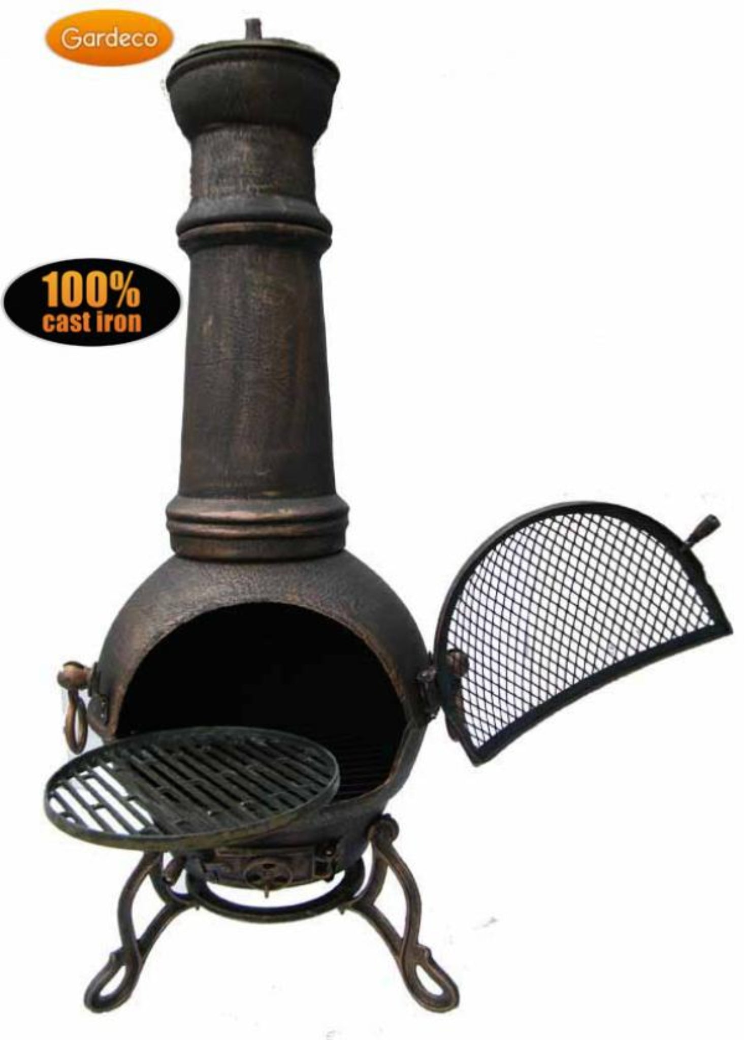 Cast iron chiminea with open lid on a white background, featuring Gardeco branding.