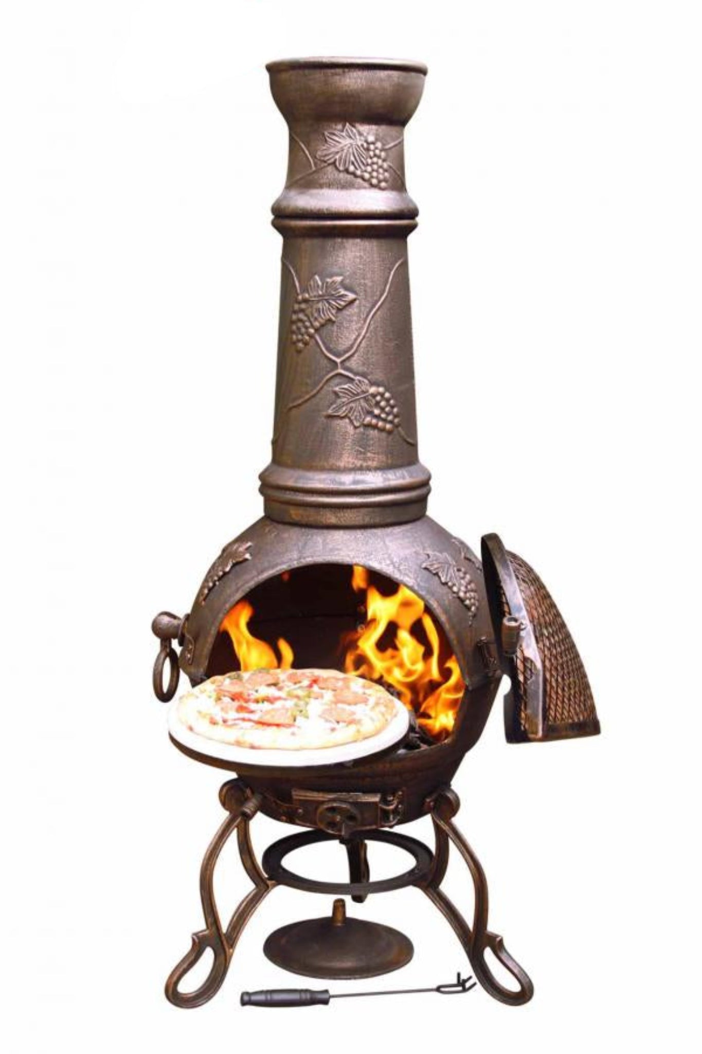 Decorative outdoor Toledo chiminea with pizza oven on a white background