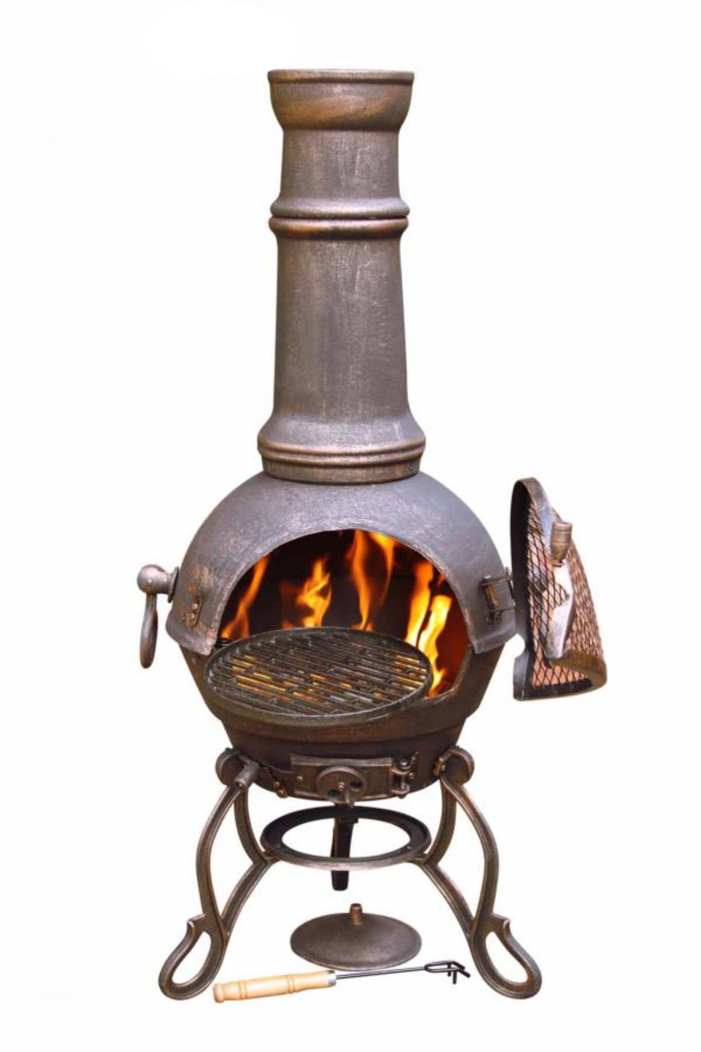 Metal chiminea with fire burning inside on a white background.