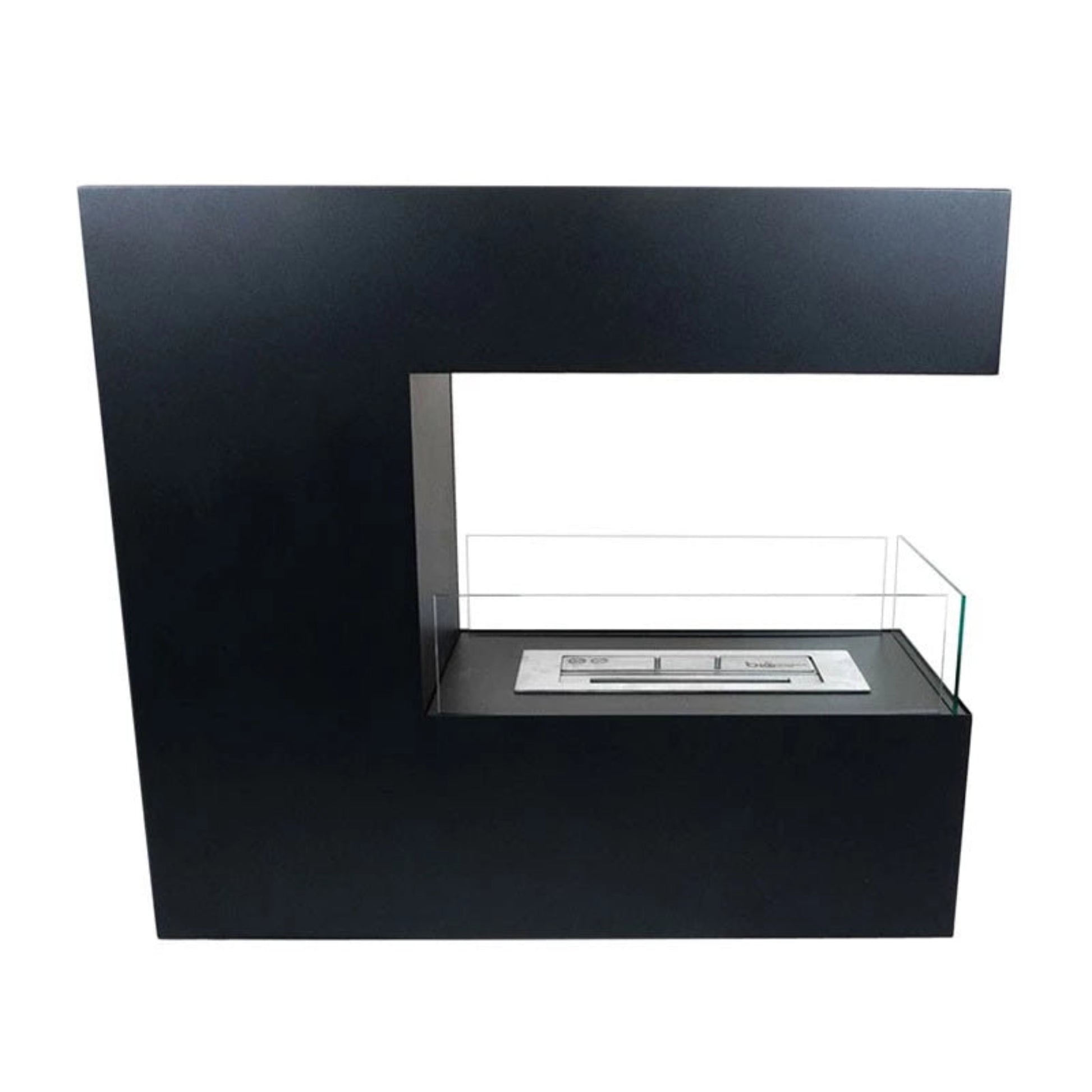 Modern black freestanding fireplace with glass guard on a white background