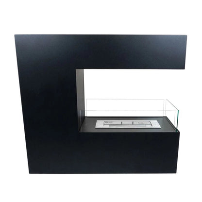 Modern black freestanding fireplace with glass guard on a white background