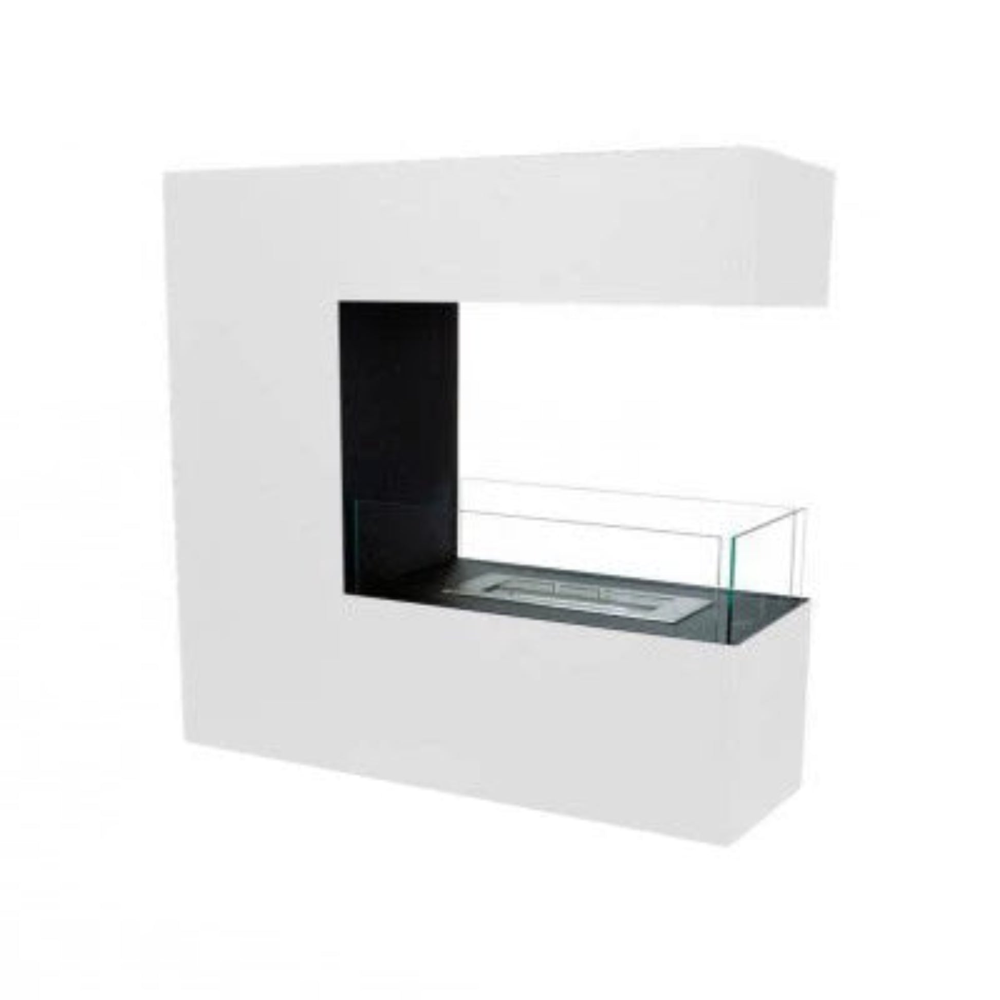 Modern white fireplace with glass front on a white background