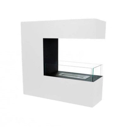 Modern white fireplace with glass front on a white background