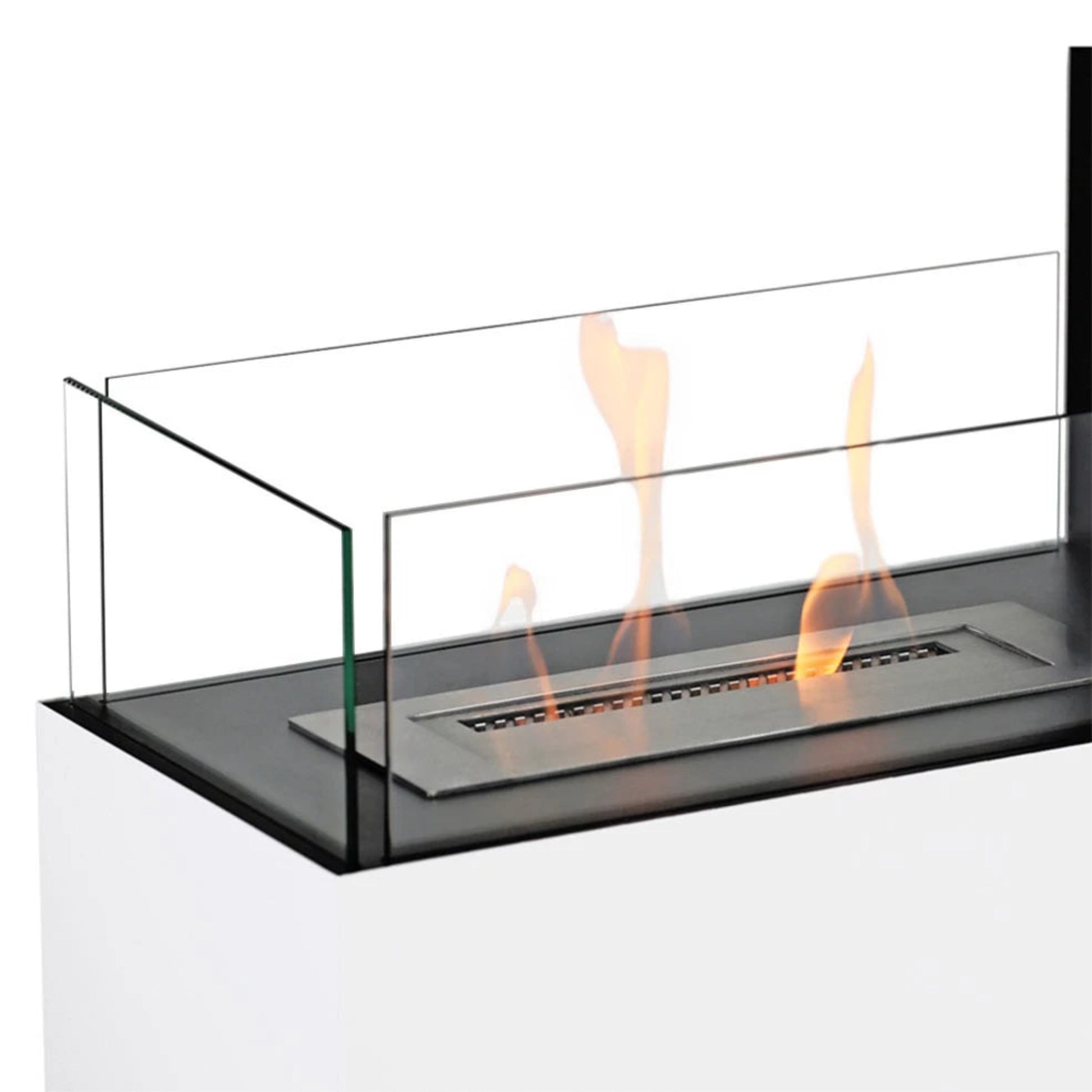 Modern ethanol fireplace with glass front on a white background