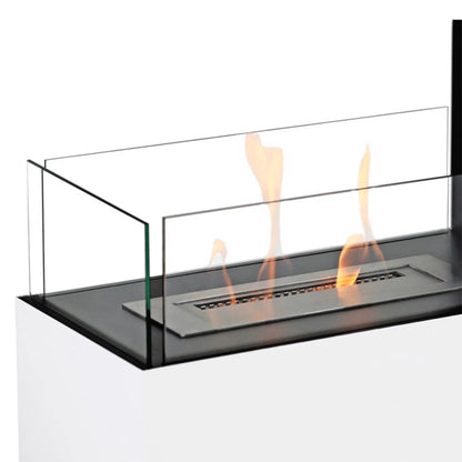 Modern ethanol fireplace with glass front on a white background