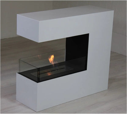 Modern white fireplace with glass cover on a wooden floor