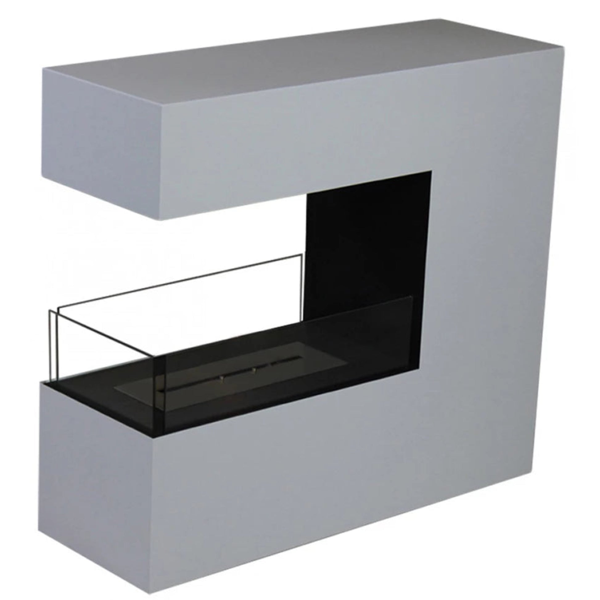 Modern freestanding ethanol fireplace with a glass front on a white background