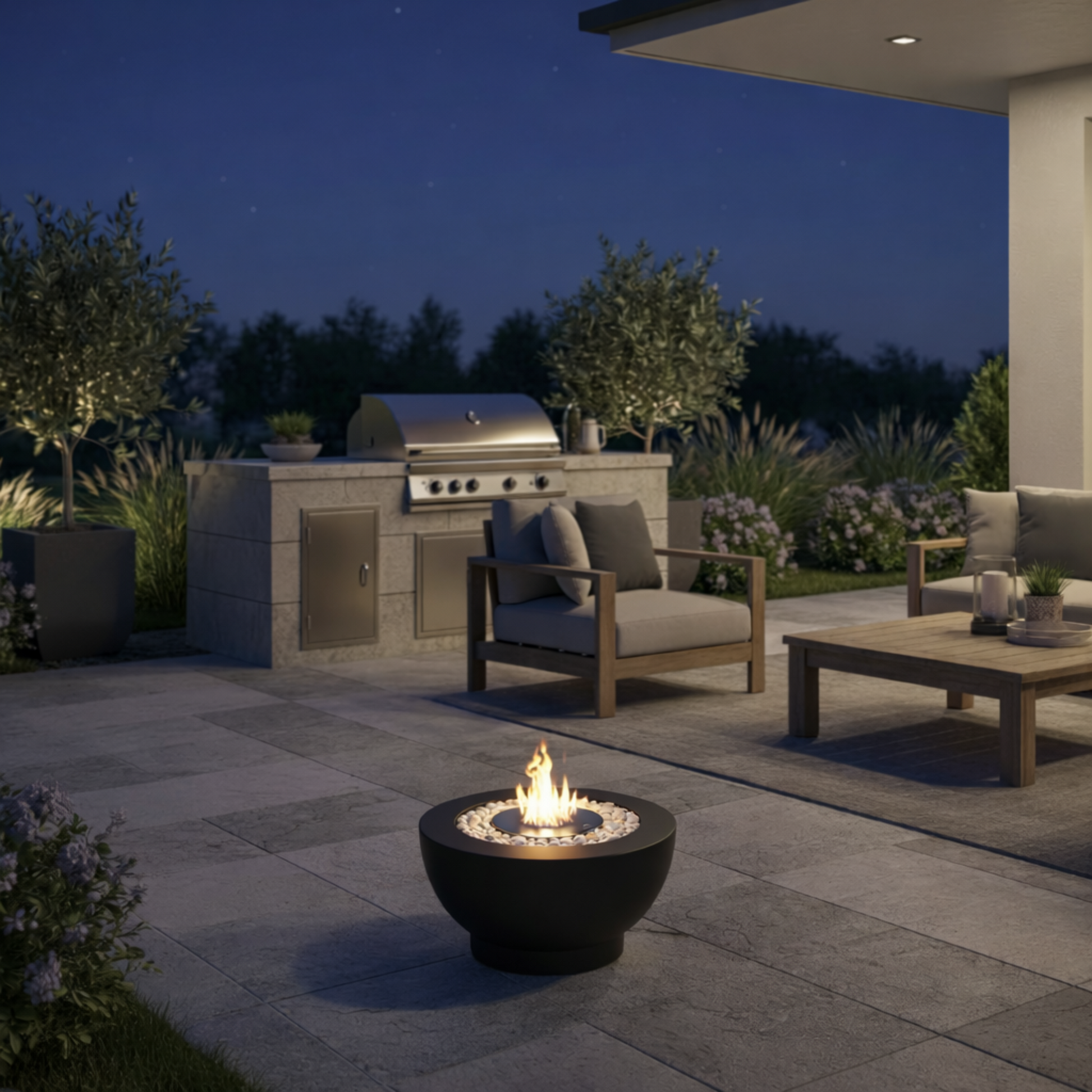 Scandiflames Circula Bioethanol Fire Pit in twilight scene with barbecue, two tables and chairs