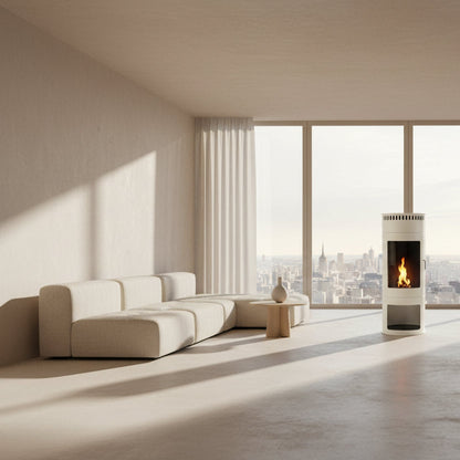 White freestanding fireplace with visible flames on a white background