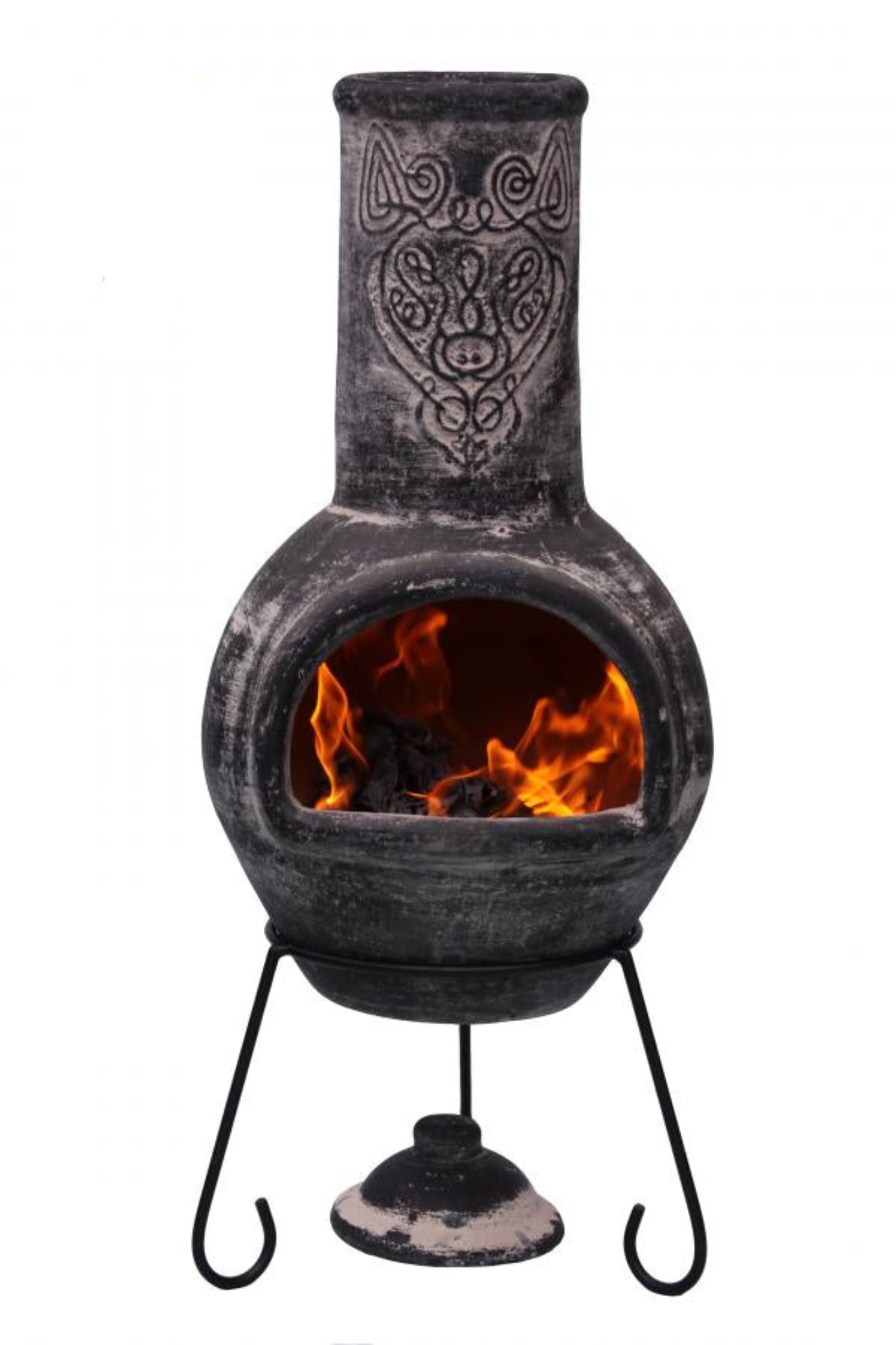 Decorative outdoor fireplace with flames inside, made in Mexico.