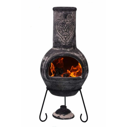 Decorative outdoor fireplace with flames inside, made in Mexico.