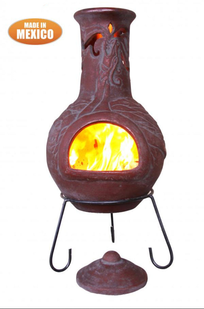 Decorative outdoor fireplace with glowing interior, made in Mexico by Gardeco.