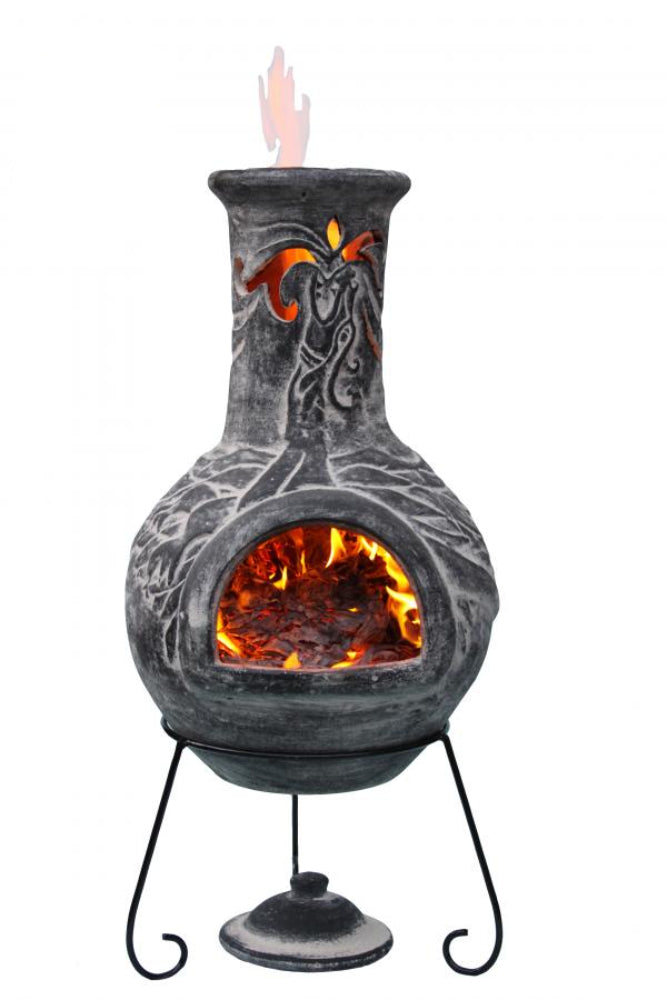 Decorative outdoor fireplace with glowing embers and 'Made in Mexico' label on a white background