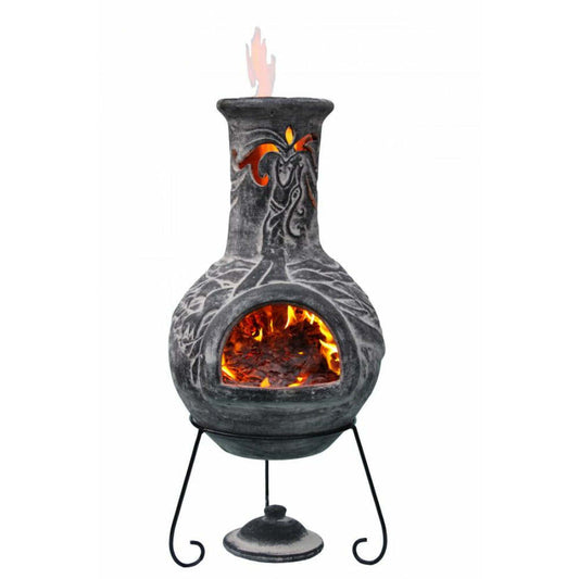 Decorative outdoor fireplace with glowing embers and 'Made in Mexico' label on a white background