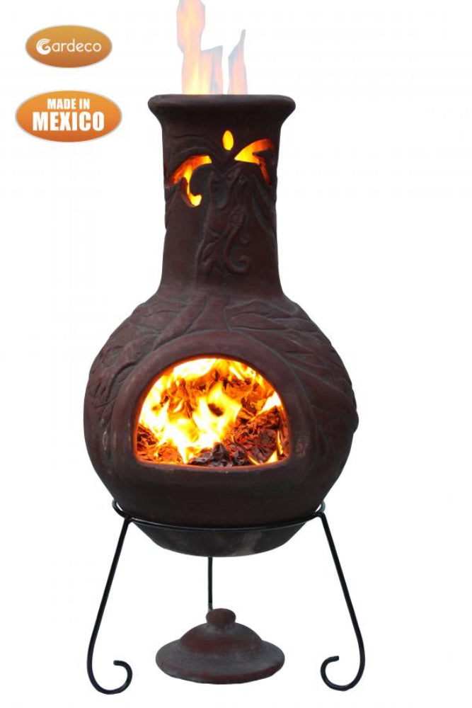 Decorative outdoor fireplace with flames inside, branded 'Gardeco' and 'Made in Mexico'.