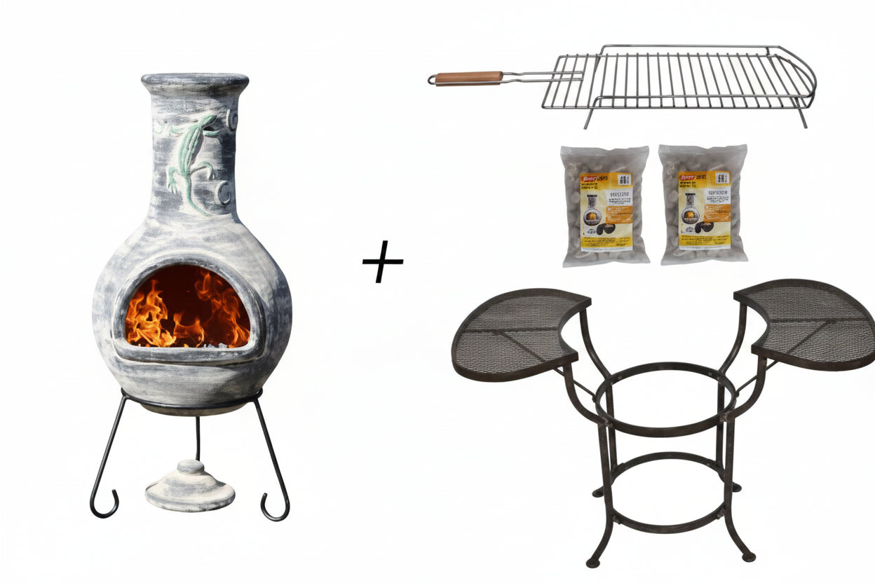 Chiminea with fire, grill, two sets of lava stones and table set on a white background