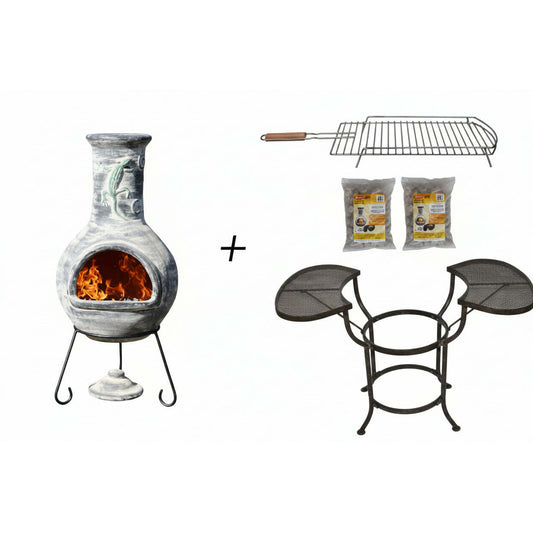 Chiminea with fire, grill, two sets of lava stones and table set on a white background