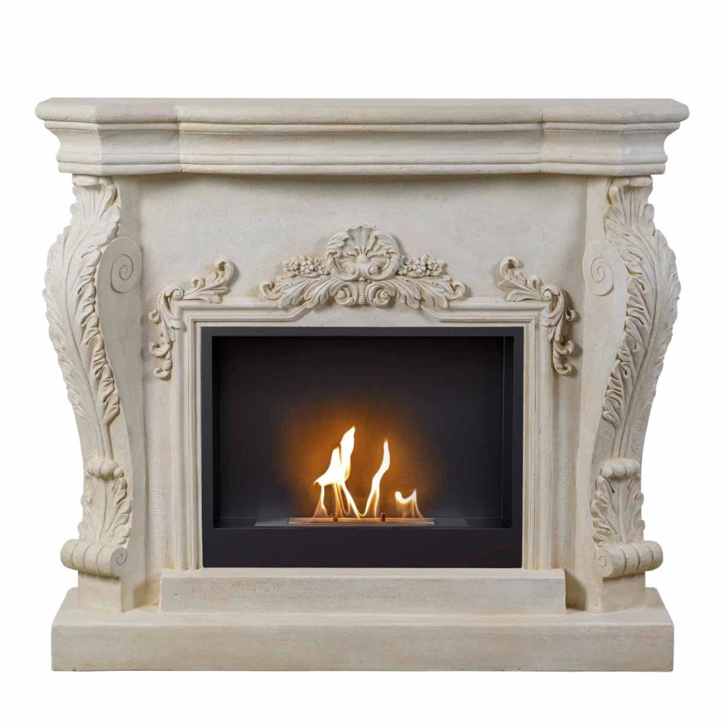 Decorative fireplace with ornate design on a white background