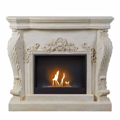 Decorative fireplace with ornate design on a white background