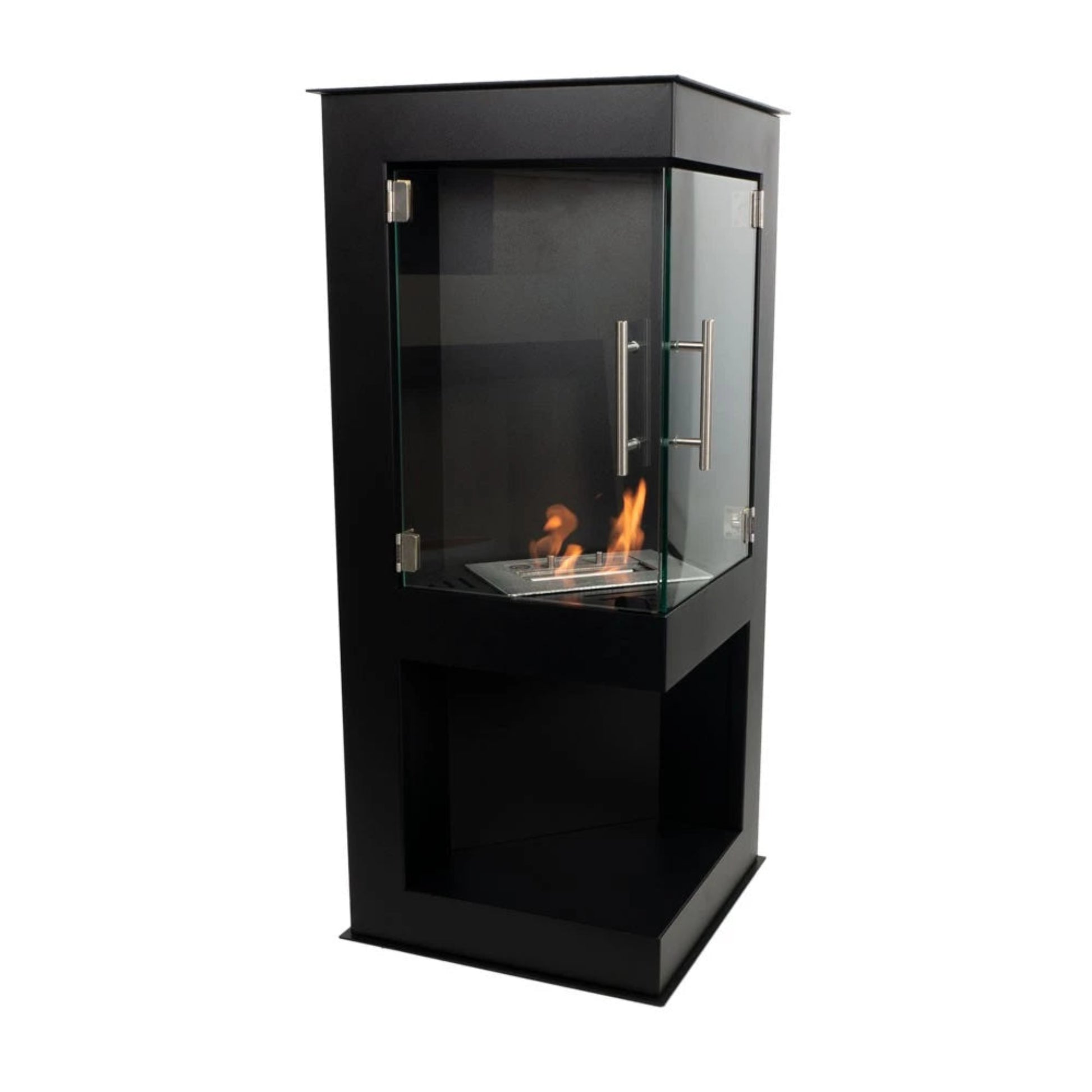 Black freestanding fireplace with glass door on a white background