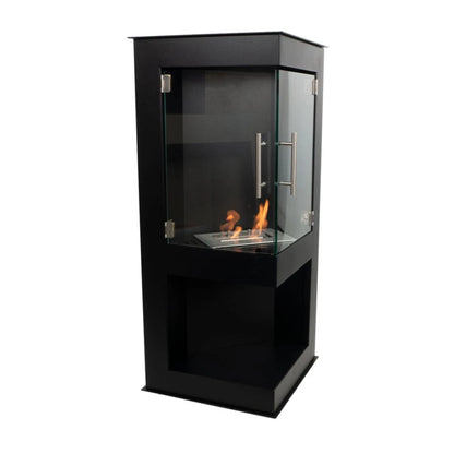 Black freestanding fireplace with glass door on a white background