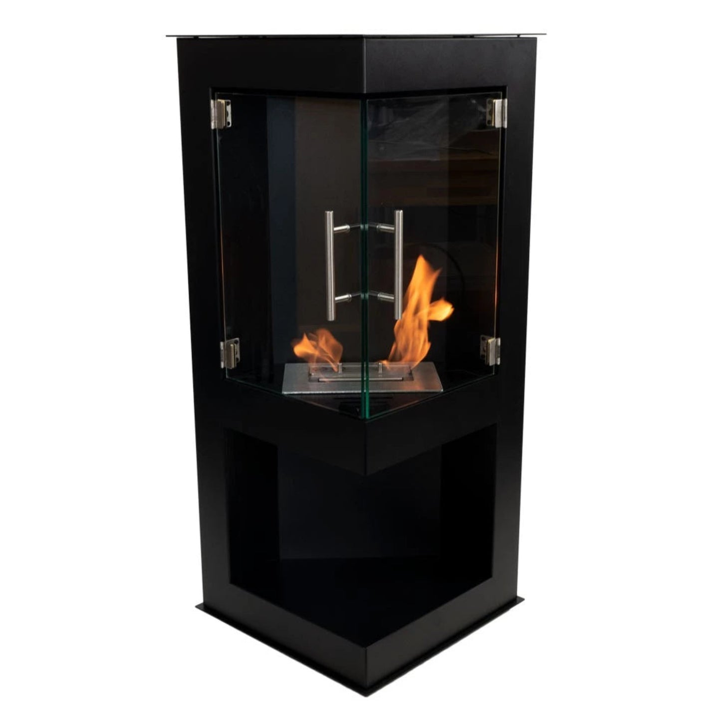 Black corner ethanol fireplace with flames on a white background