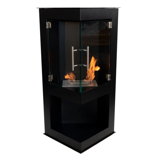 Black corner ethanol fireplace with flames on a white background