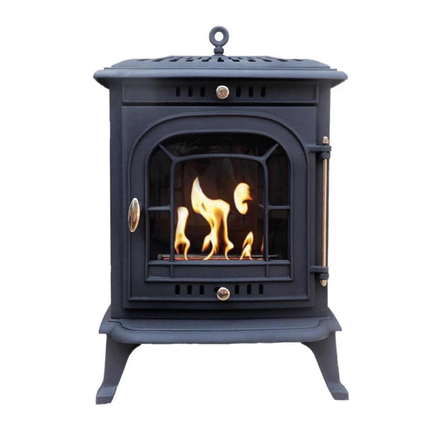 Black Alta freestanding stove with flames inside on a white background