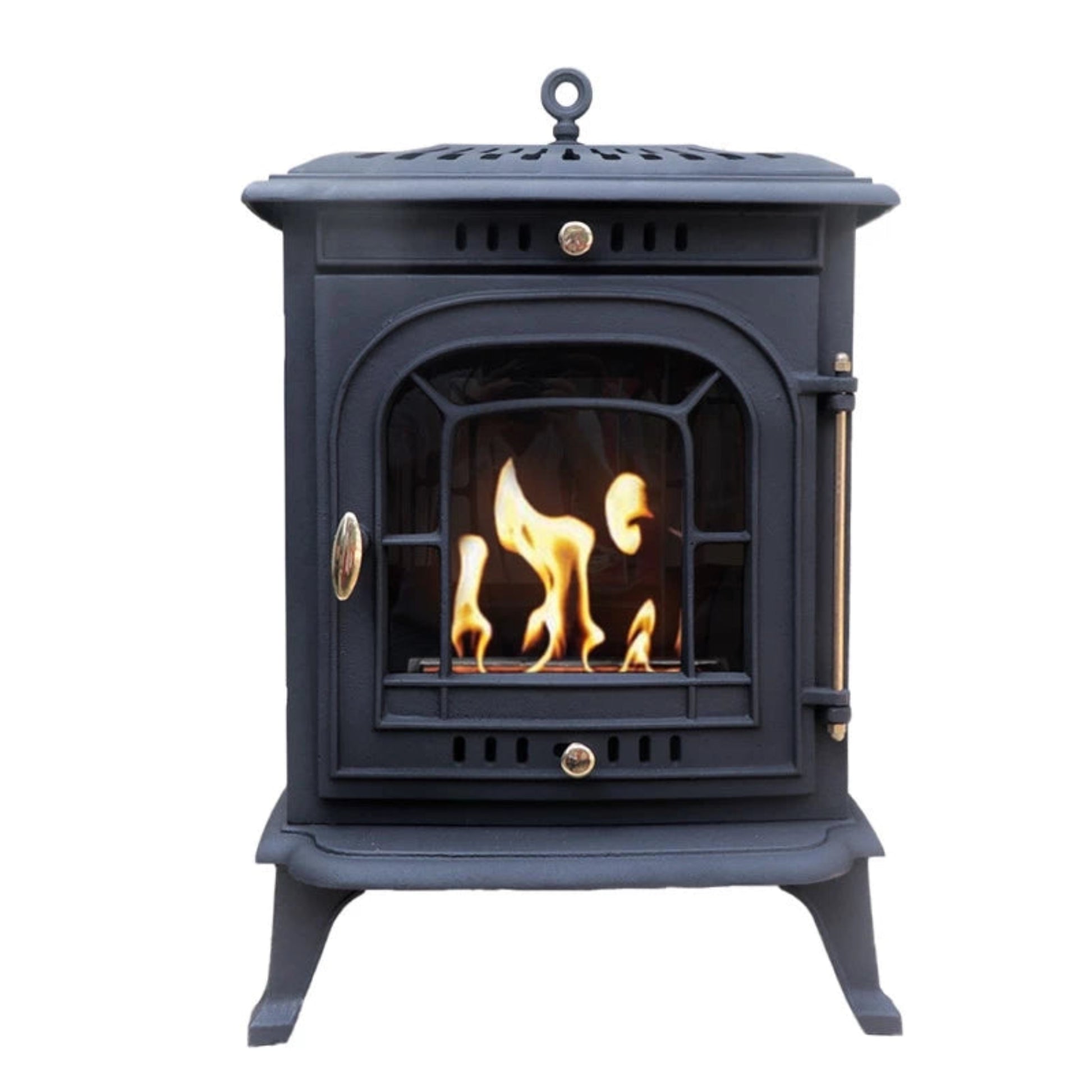Black Alta freestanding stove with flames inside on a white background