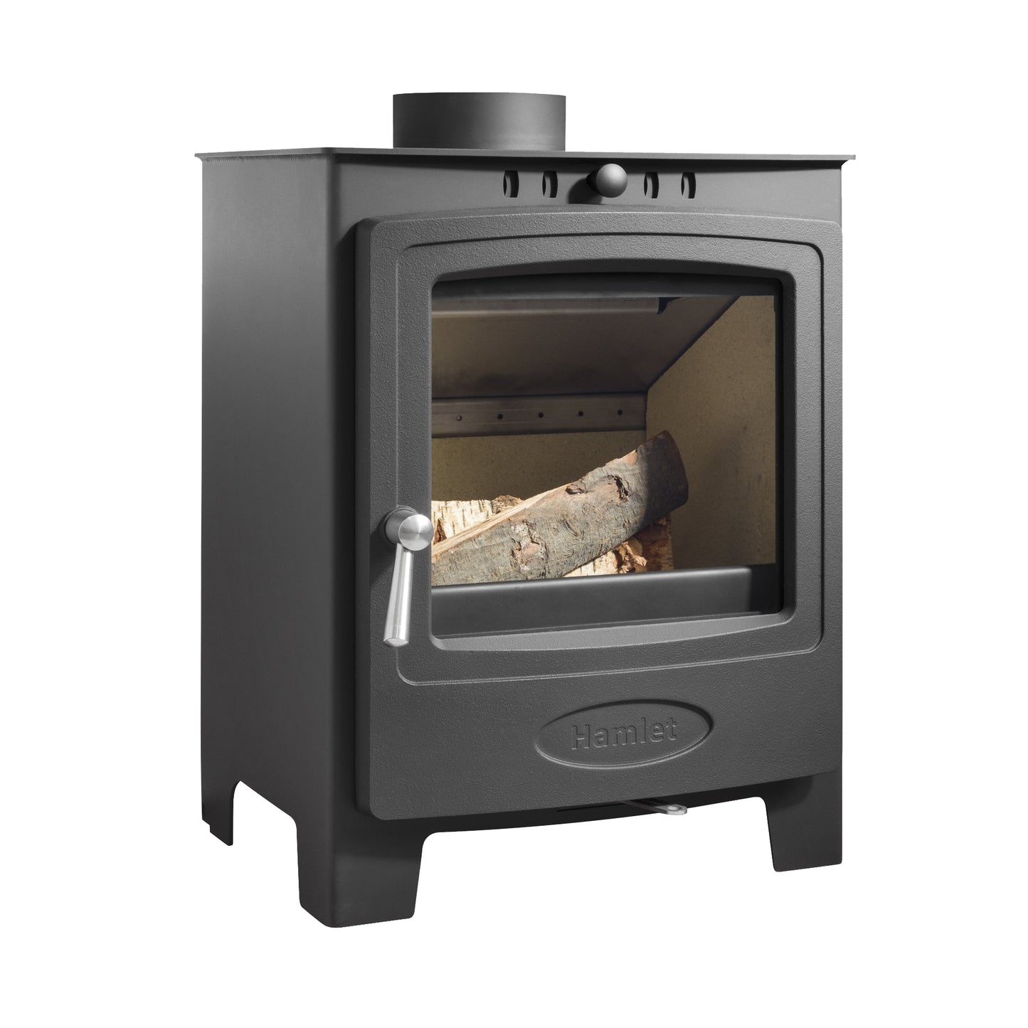 A black cast iron wood-burning stove with a glass door, silver lever handle, and a log visible inside, shown on a plain white background.