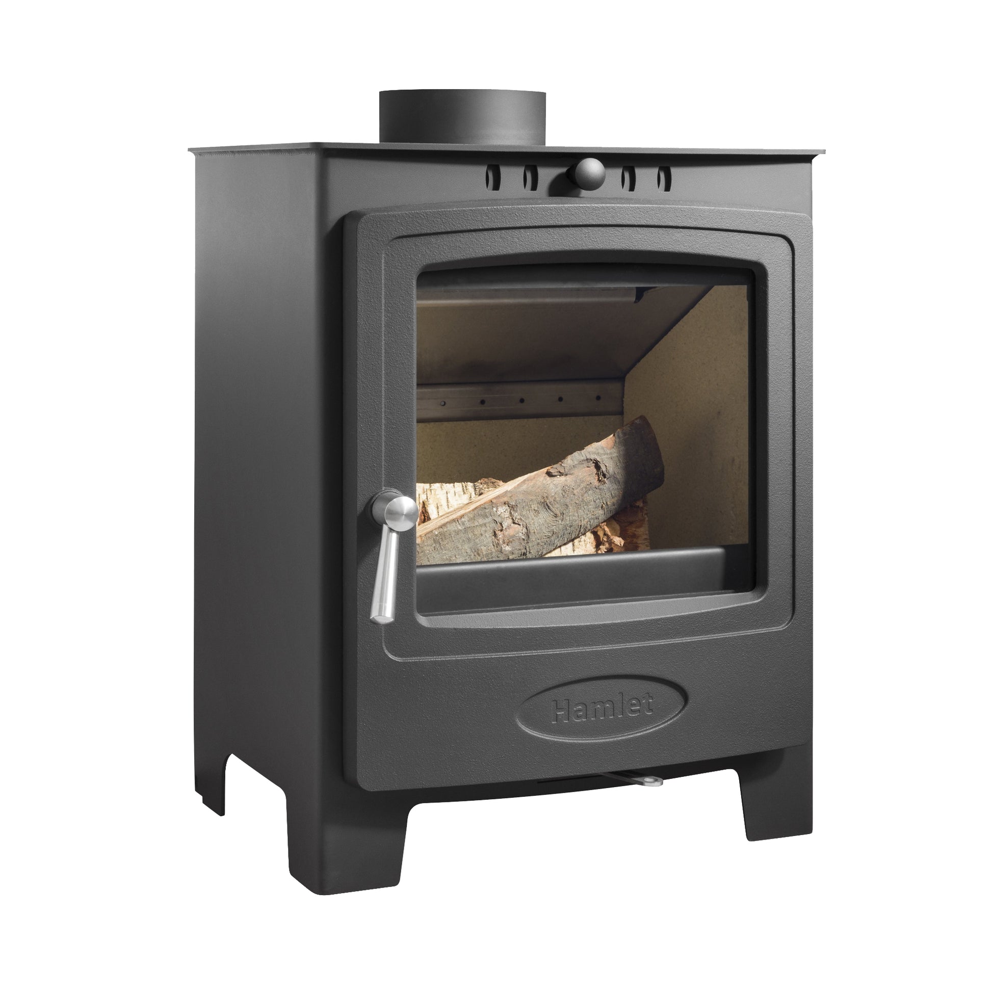 A black cast iron wood-burning stove with a glass door, silver lever handle, and a log visible inside, shown on a plain white background.