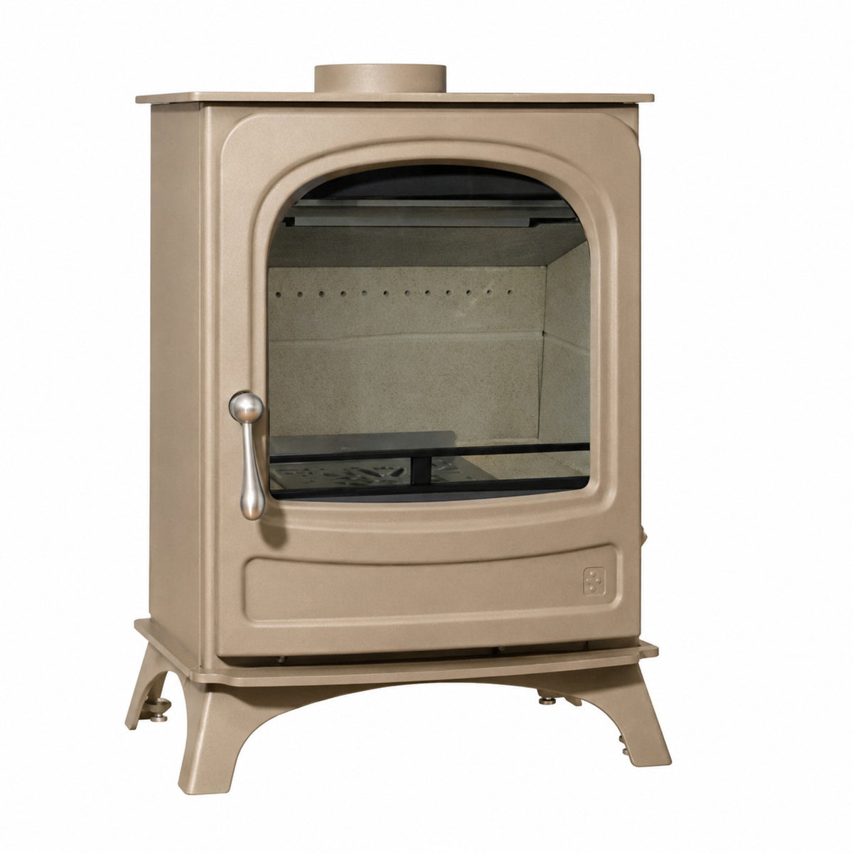 A beige cast iron wood-burning stove with a glass front door, silver handle, and metal legs, shown against a plain white background.