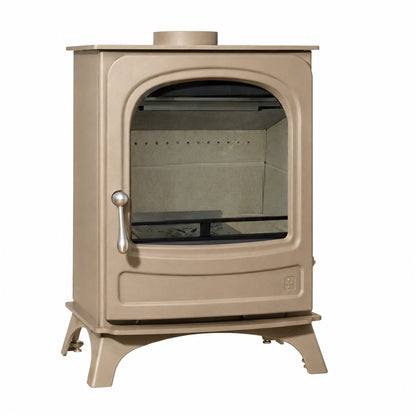 A beige cast iron wood-burning stove with a glass front door, silver handle, and metal legs, shown against a plain white background.