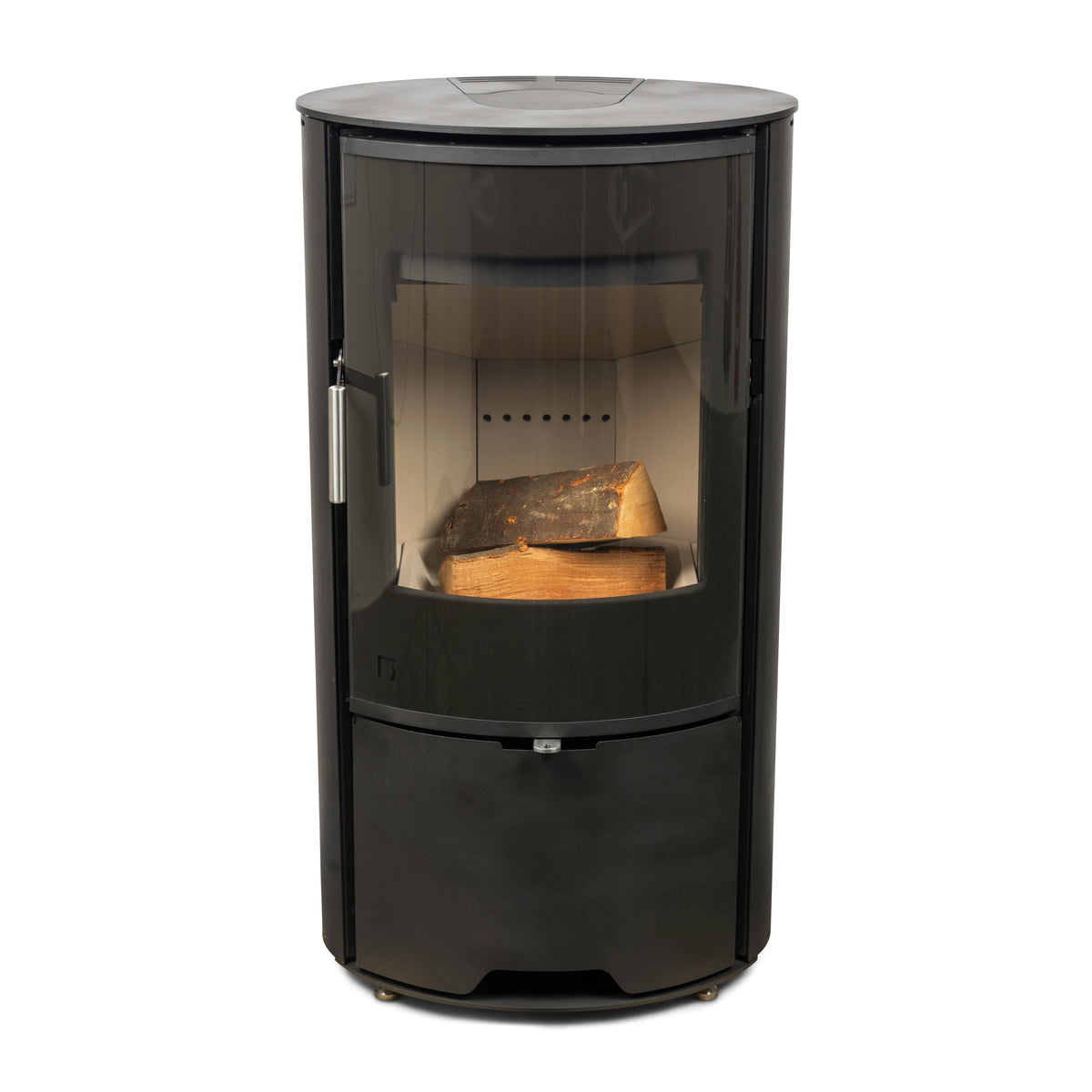 Arada Lagom 5 Midnight wood-burning stove with fire lit