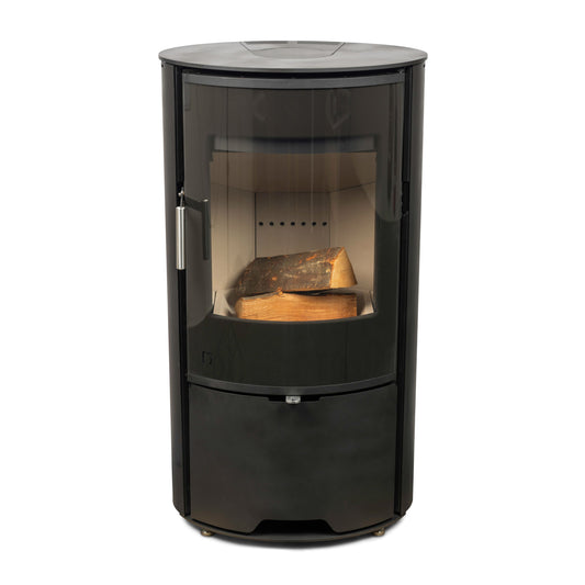 Arada Lagom 5 Midnight wood-burning stove with fire lit