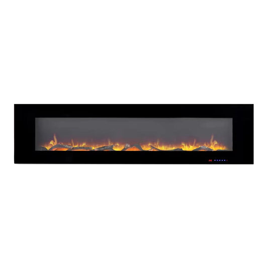 Electric fireplace with flame effect on a white background