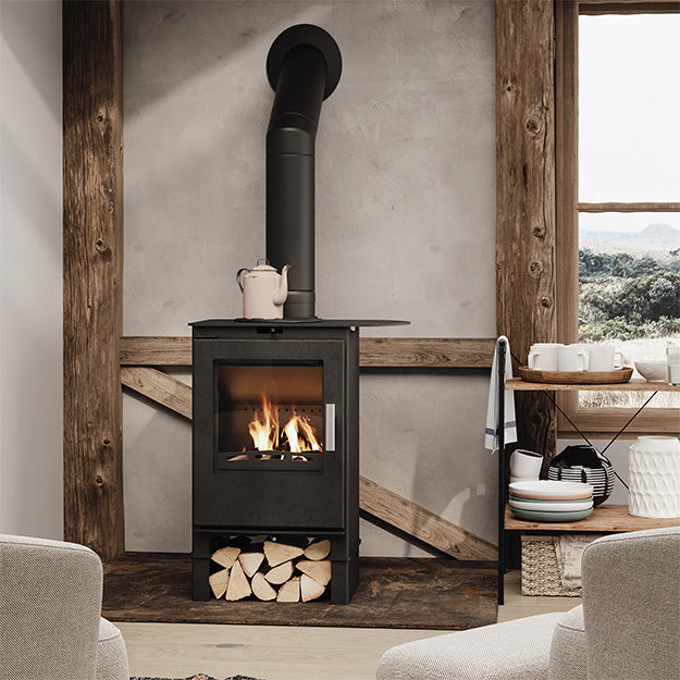 Beltane Brue Cooktop Logstore with kettle and logs