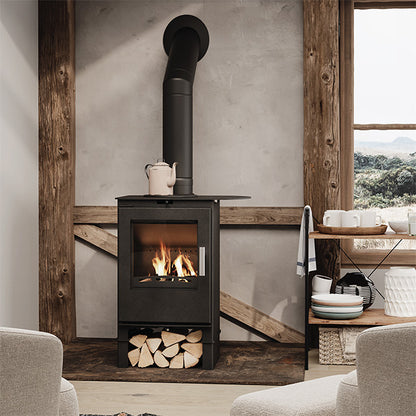 Beltane Brue Cooktop Logstore with kettle and logs