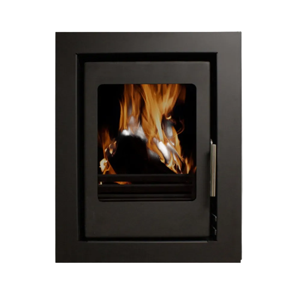 A modern black metal wood-burning fireplace insert with a glass door showing a burning fire, mounted on a plain light gray wall.