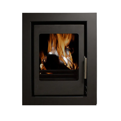 A modern black metal wood-burning fireplace insert with a glass door showing a burning fire, mounted on a plain light gray wall.