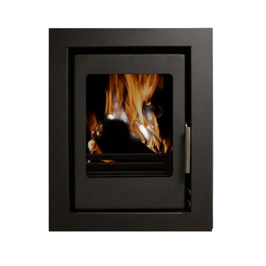 A modern black metal wood-burning fireplace insert with a glass door showing a burning fire, mounted on a plain light gray wall.