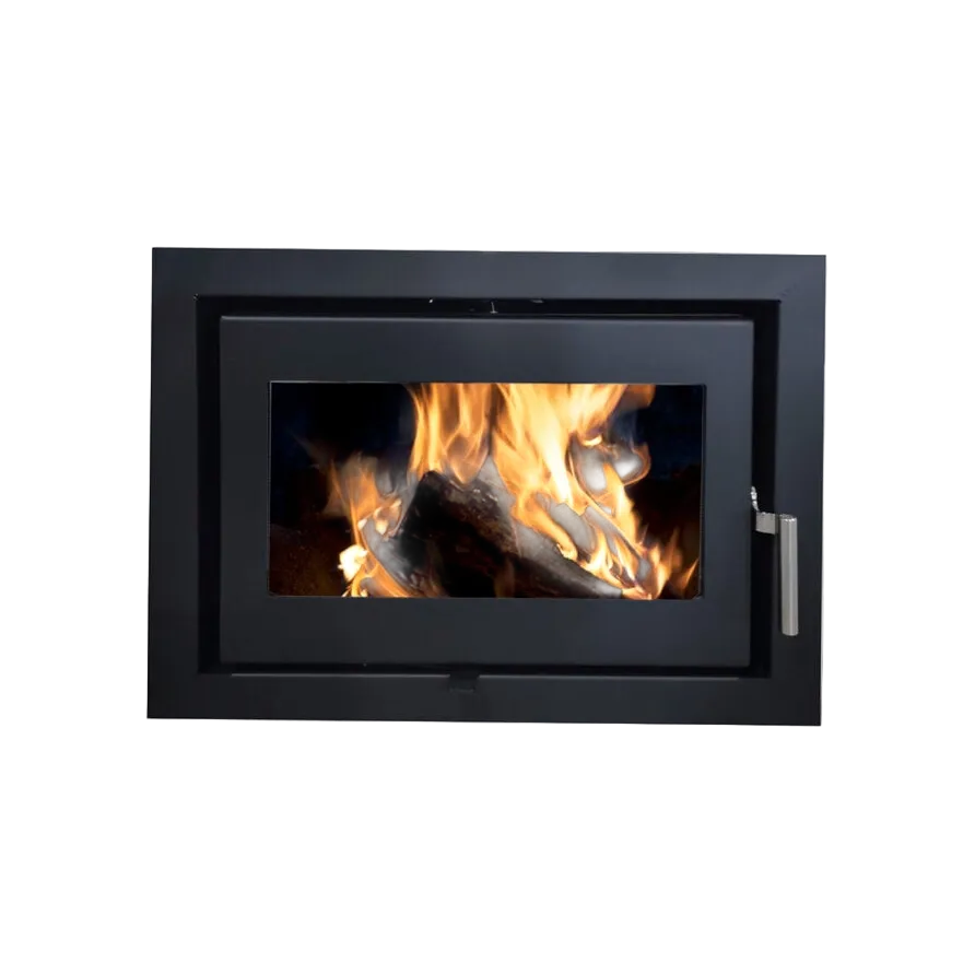 A modern black metal fireplace insert with a glass door showing a burning fire, set against a plain white wall.