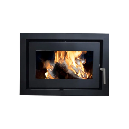 A modern black metal fireplace insert with a glass door showing a burning fire, set against a plain white wall.