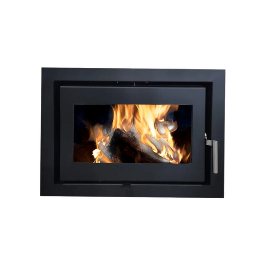 A modern black metal fireplace insert with a glass door showing a burning fire, set against a plain white wall.