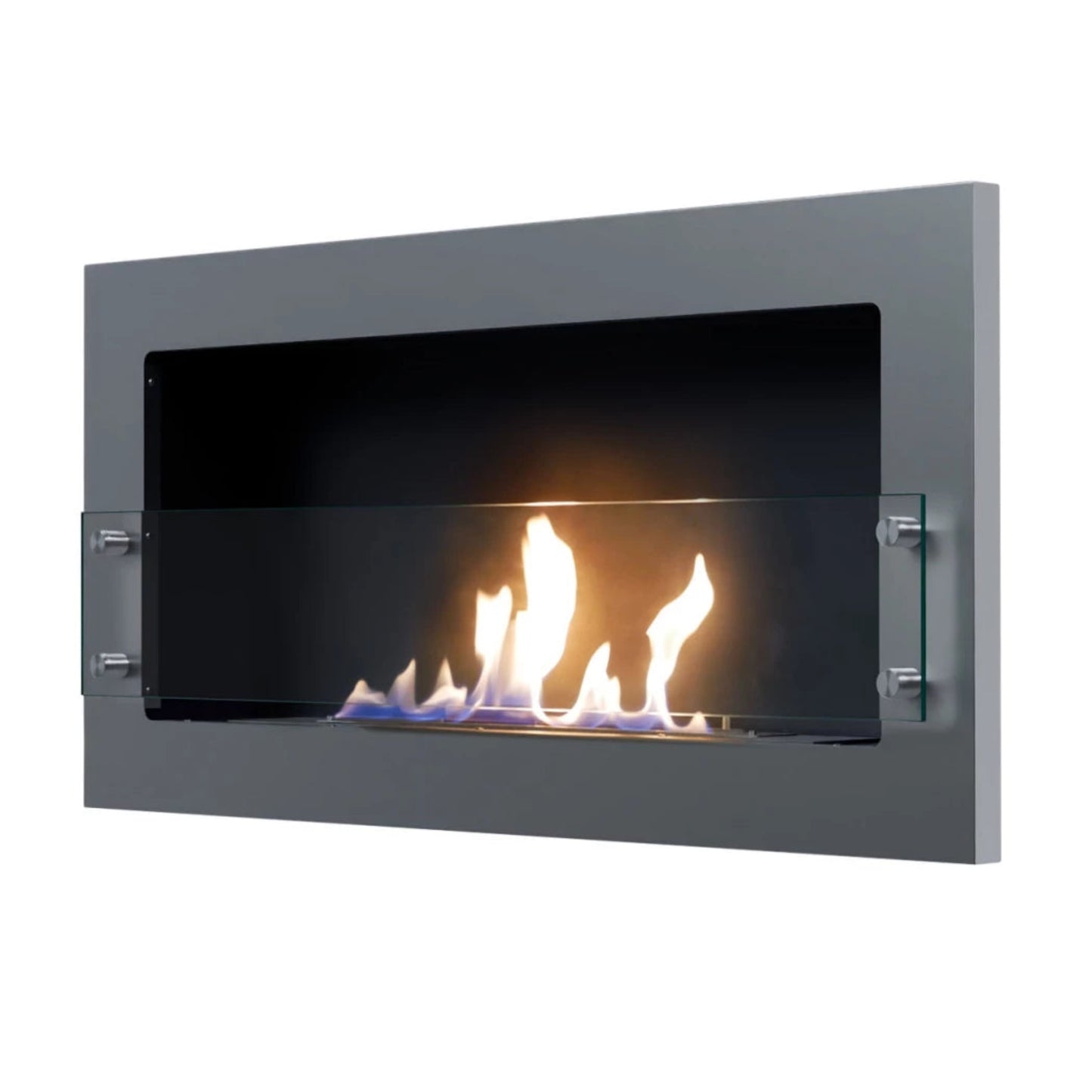 Texas Steel wall-mounted ethanol fireplace with flames on a white background