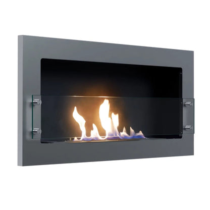 Texas Steel wall-mounted ethanol fireplace with flames on a white background