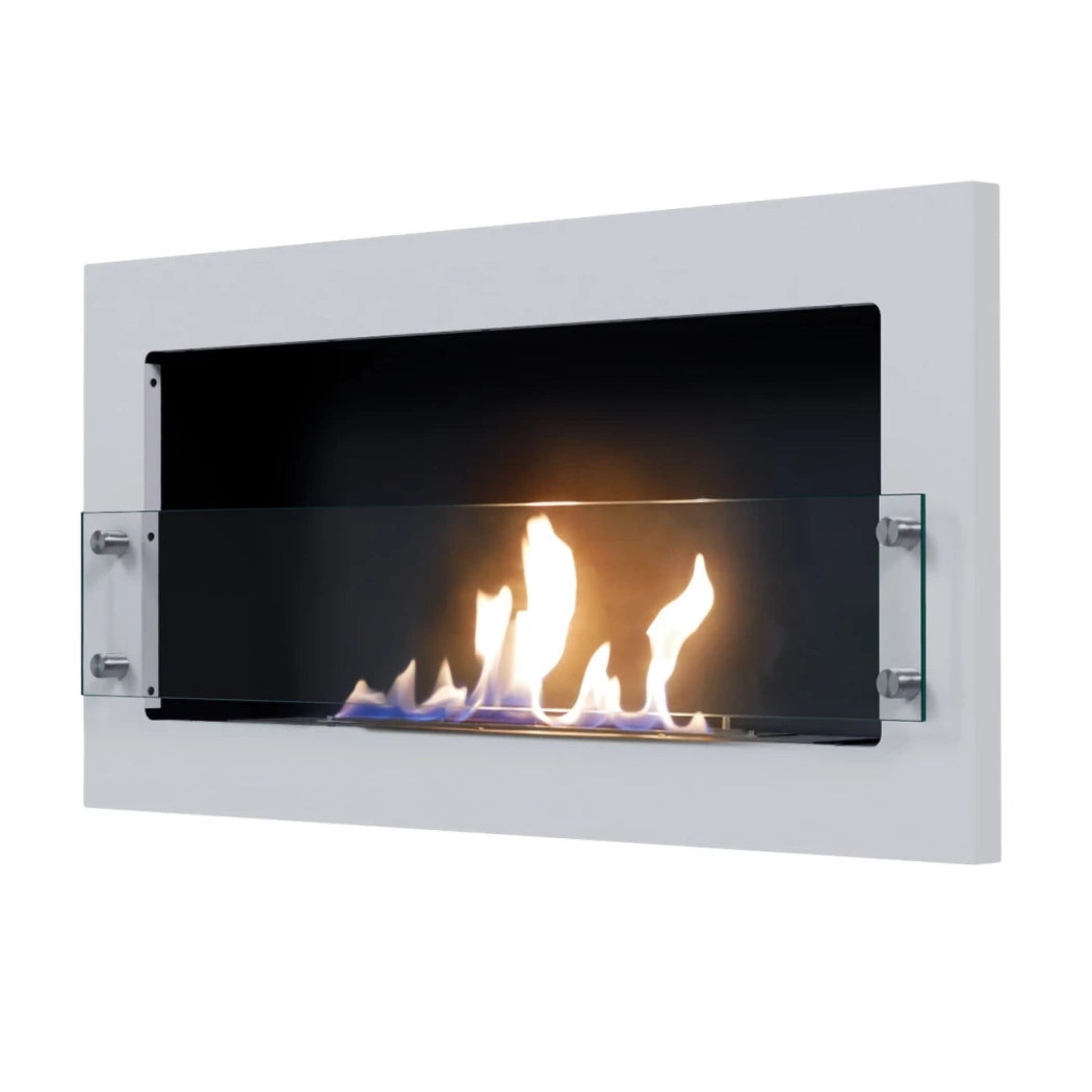 Modern white Texas bioethanol fireplace with flames on a white background