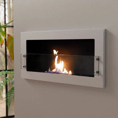 Scandiflames Texas white wall-mounted fireplace with flames on a neutral background