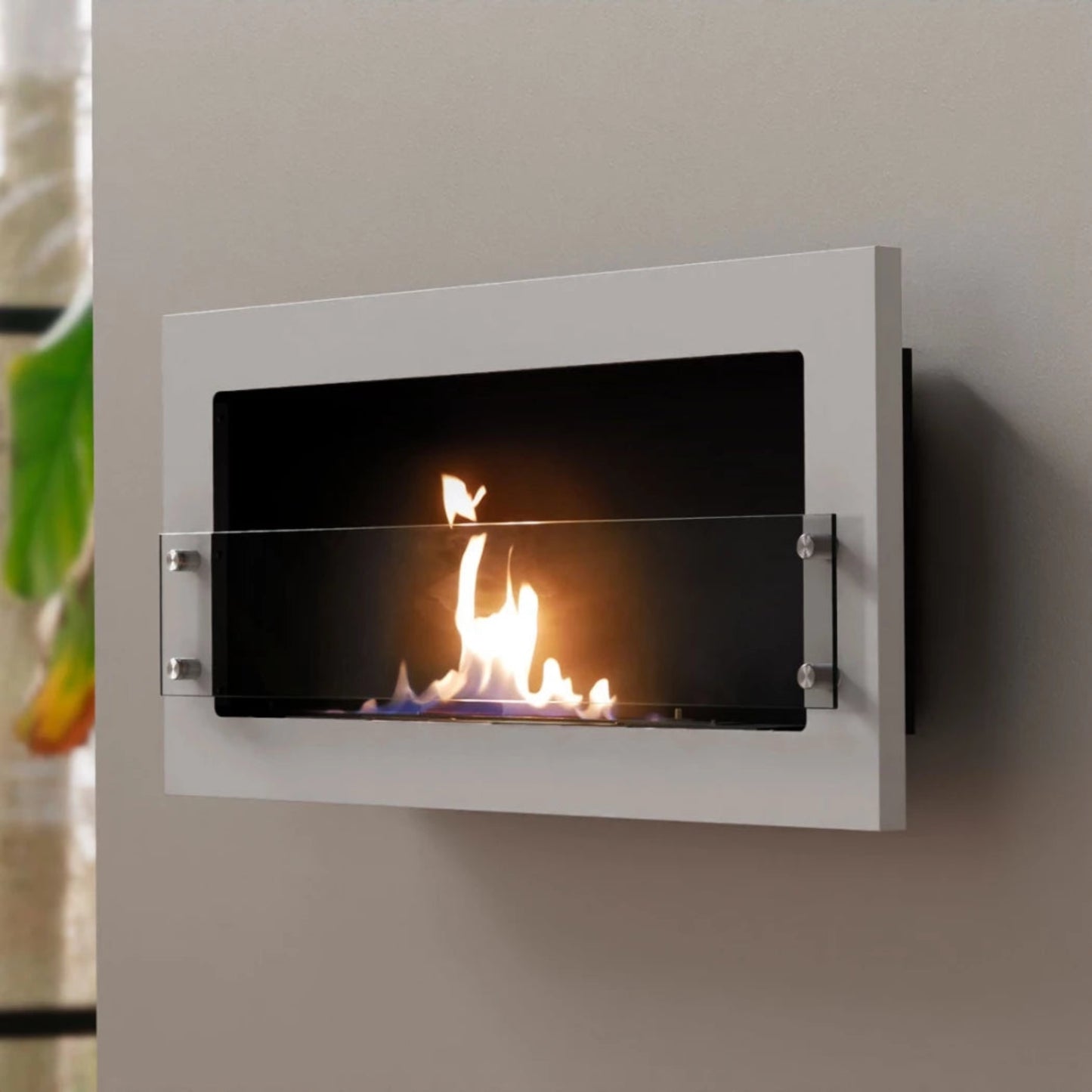 Wall-mounted electric fireplace with flames on a neutral background
