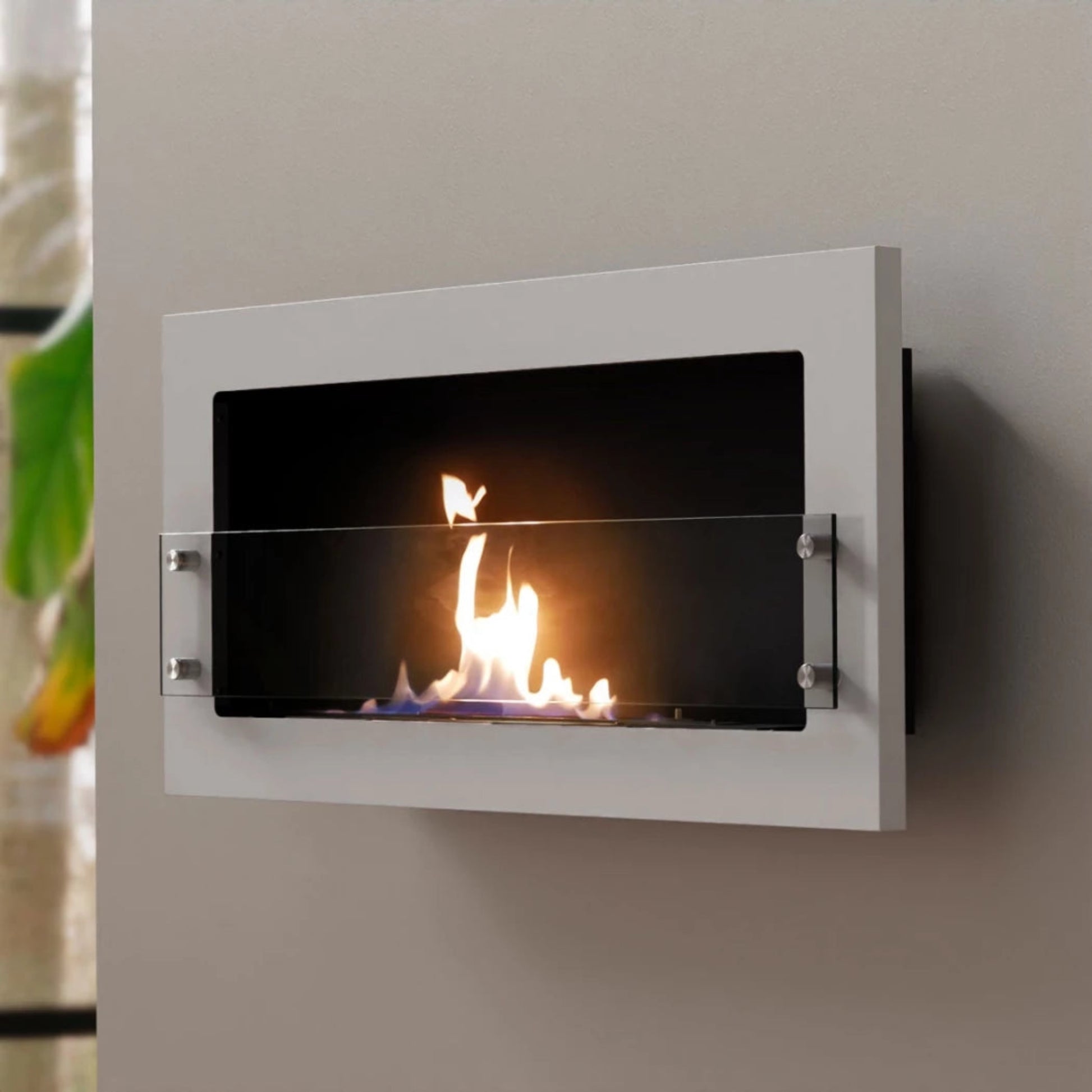 Wall-mounted electric fireplace with flames on a neutral background